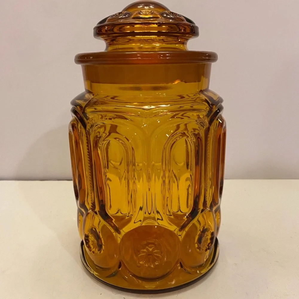 Vintage LE Smith Moon and Stars Amber Glass Cannister 9.5”